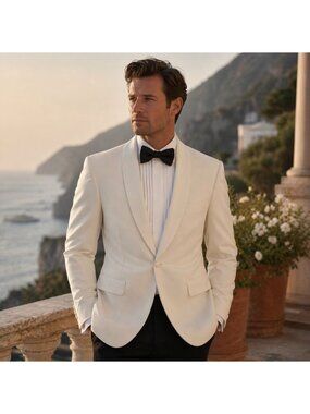 Men Ivory White Tuxedo Dinner Suit Jacket 42 L Wool Shawl Collar Blazer 1 Button